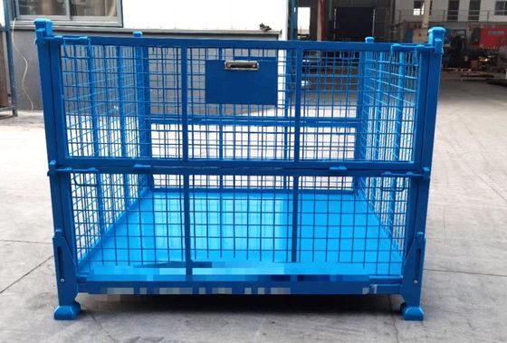 Contenedor de acero plegable apilable con protección de malla de color azul para el almacenamiento de la producción de materiales
