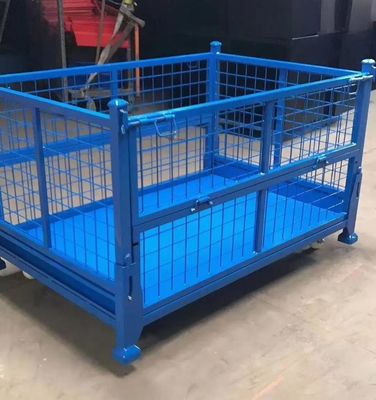Contenedor de acero plegable apilable con protección de malla de color azul para el almacenamiento de la producción de materiales